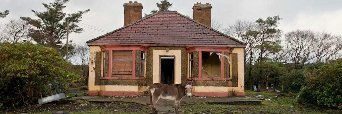 A picture of a vacant period home with broken windows and missing door