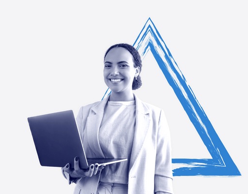 A picture of a young smiling woman holding a laptop with an image of a large triangle behind her. Business like - she is about to start working on a project tracing missing beneficiaries